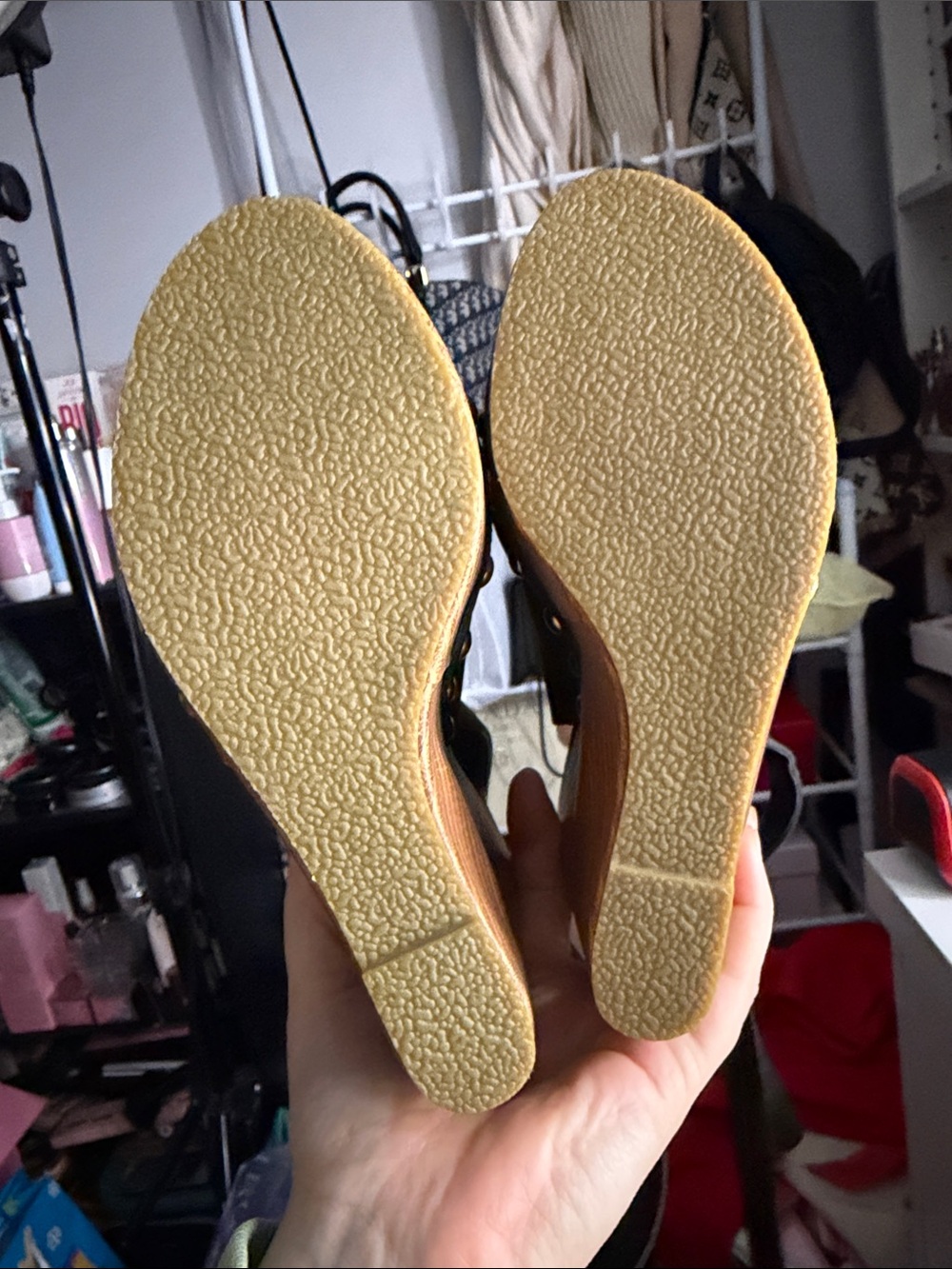 JustFab Black Wedge Sandals with Tan Soles